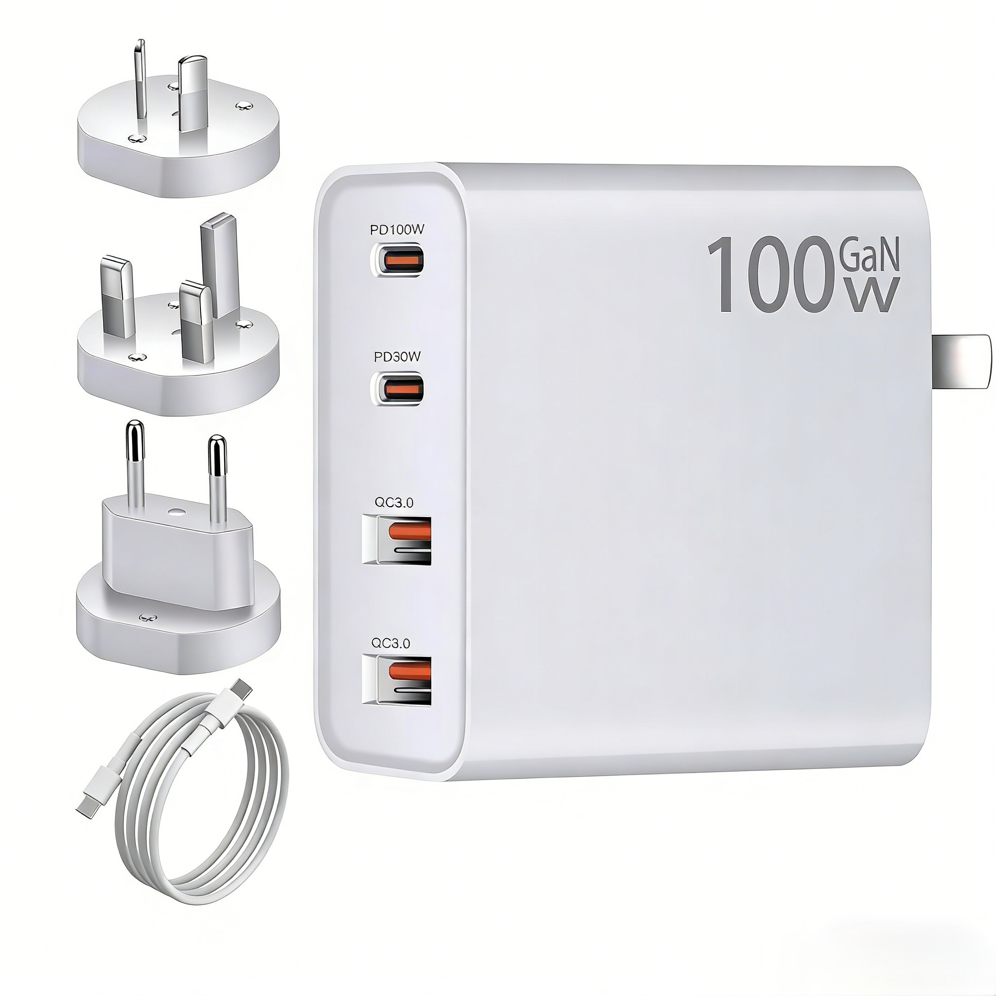 100W GaN USB C Charger, 4-Port PD QC3.0 Fast Charger with AU/US/UK/EU Plugs, Travel Wall Adapter for MacBook, iPhone 16, Galaxy, Laptops & Phones