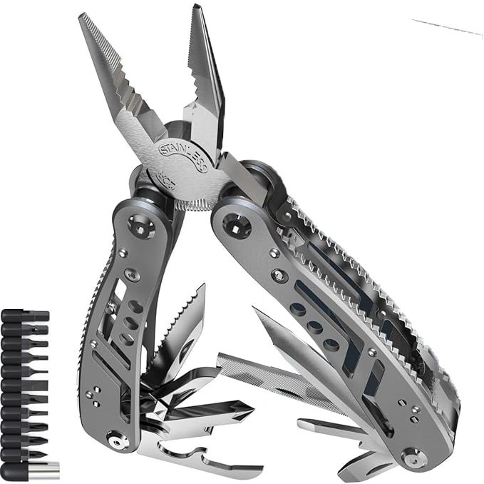 24-in-1 Multitool with Knife, Pliers & 11 Bits Sharp Stainless Steel - Multi Tool for Men - Ideal Gear with Tools for Camping Hiking, Survival, EDC - 