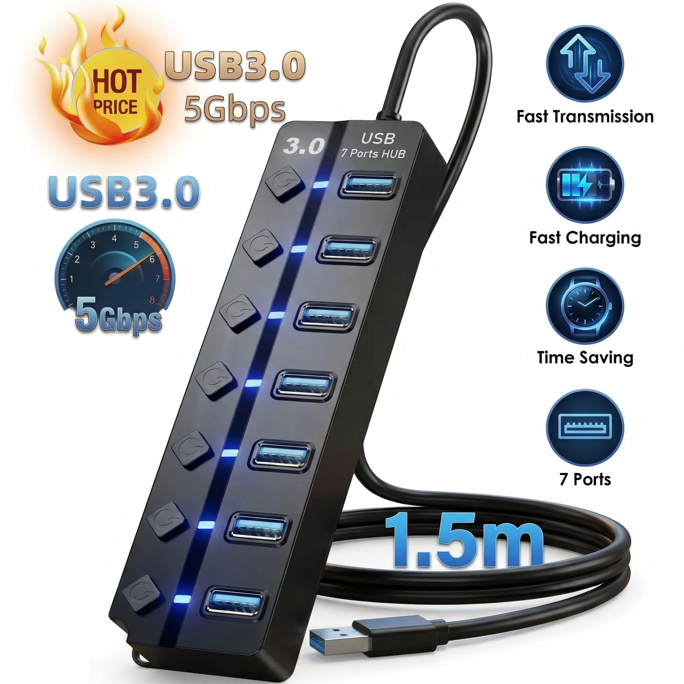 USB Hub 3.0 7-Port USB Hub Splitter with Individual On/Off Switches, 1.5m Long Cable, High-Speed 5Gbps USB Expansion Hub for Laptop/Desktop/PC, Black