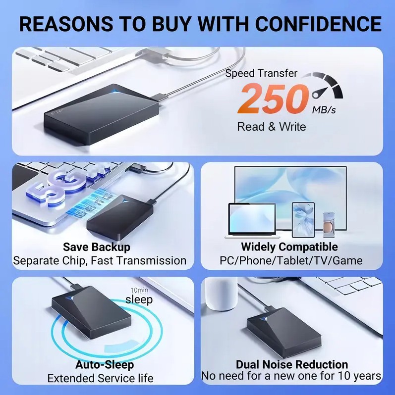 External Hard Drive Portable HDD High Speed 5Gbps Transfer Storage Device 1T Dual Disk Design Mobile Hard Drive Mechanical Hard Drive Original Factory