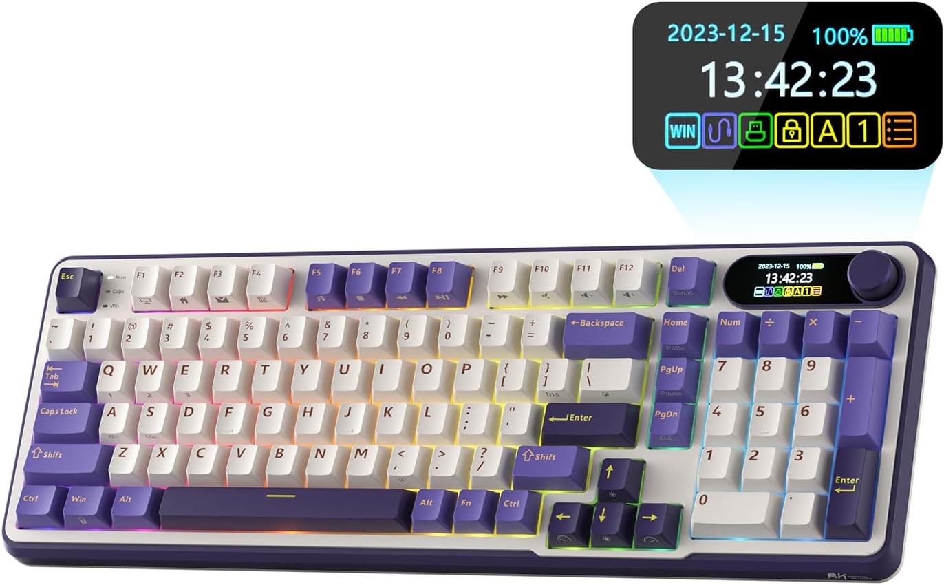 RK ROYAL KLUDGE S98 Mechanical Keyboard w/Smart Display & Knob, 96% RGB Wireless Gaming Keyboard BT/2.4G/USB-C, Hot Swappable, Software Support, Silen