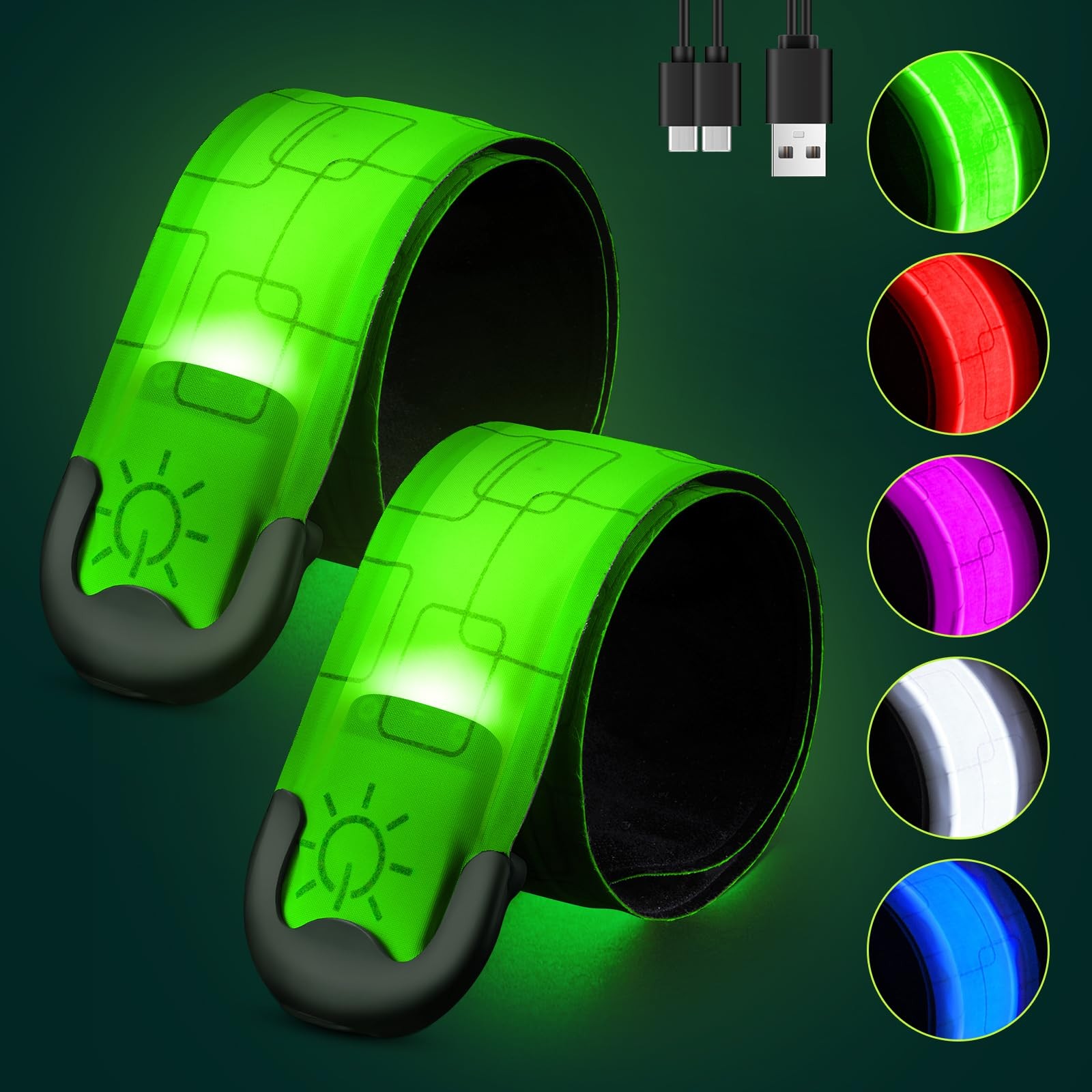 Rechargeable LED Armband 2-Pack, High Visibility Running Gear for Night Safety, 5 Colors & 3 Modes Light Up Wristbands for Night Walking, Cycling, Run