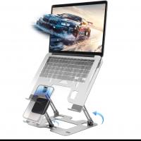 2-in-1 Foldable Laptop Stand with Phone Holder, Ergonomic Adjustable Computer Riser for Desk, Carbon Steel Desktop Stand for 10-15.6" Laptops, Black