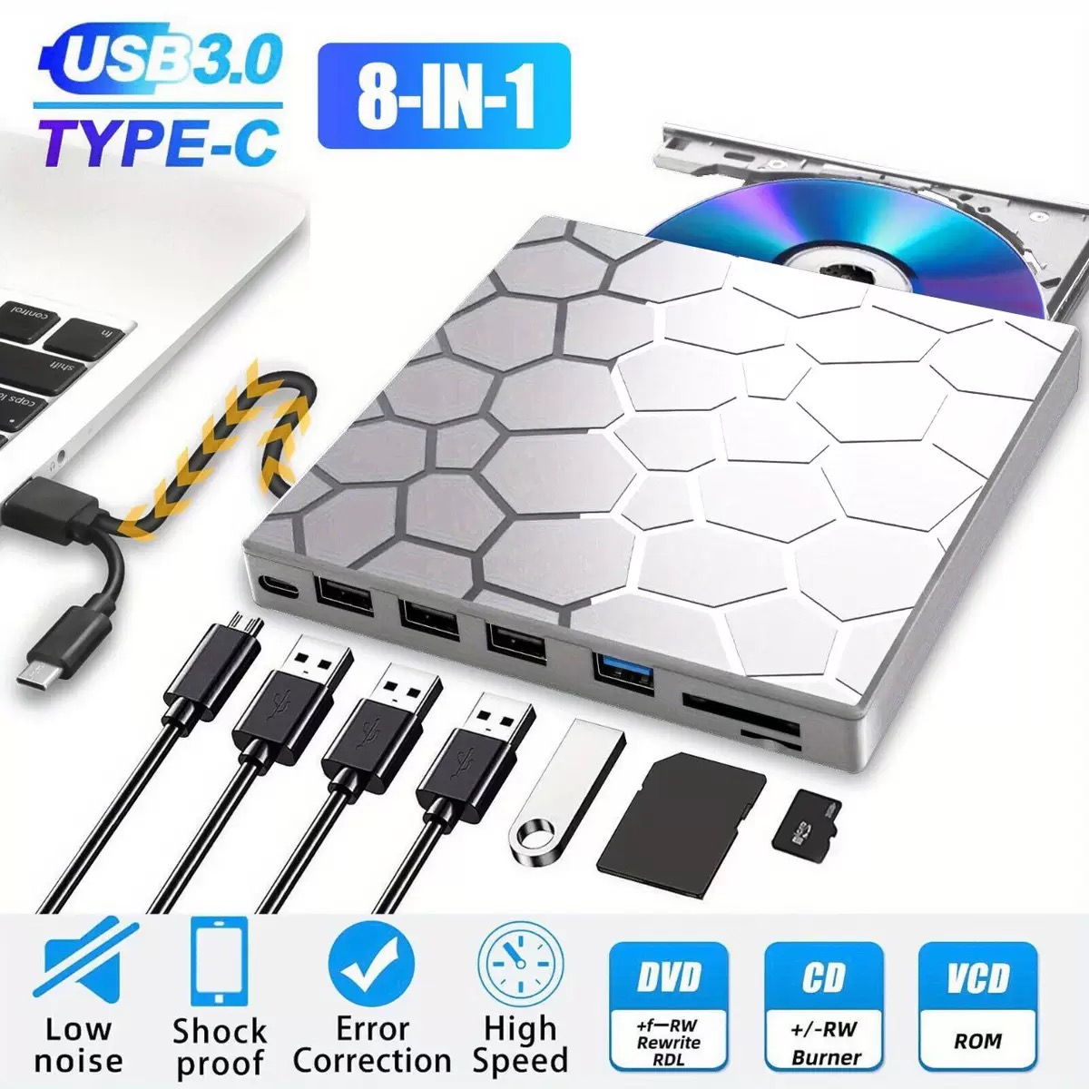 Silver multifunctional expansion external optical drive DVD / CD burner 8-in-1 USB burner 