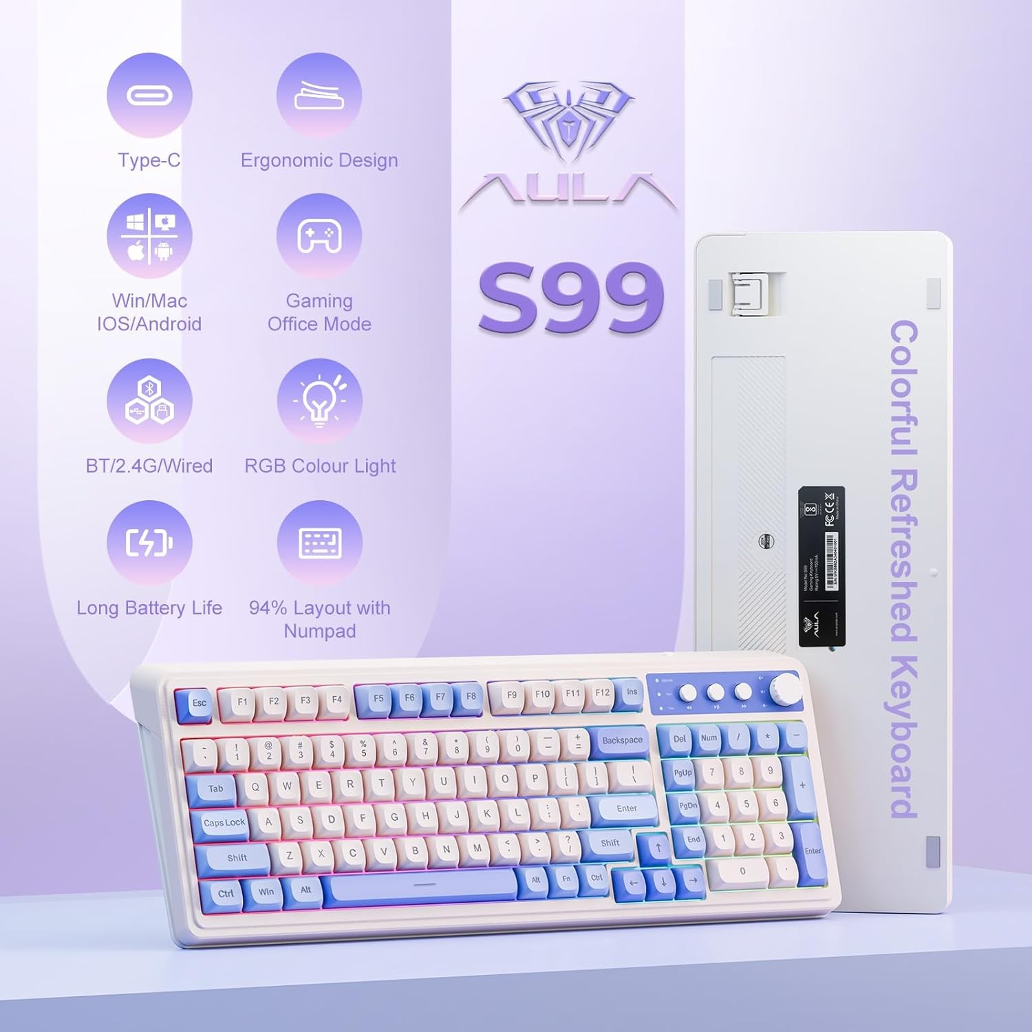 Wireless Gaming Keyboard Tri-Mode Keyboard Bluetooth/2.4GHz/USB-C Gasket Wired Keyboard 16.8M RGB Backlit Custom Mechanical Feel Computer Keyboards