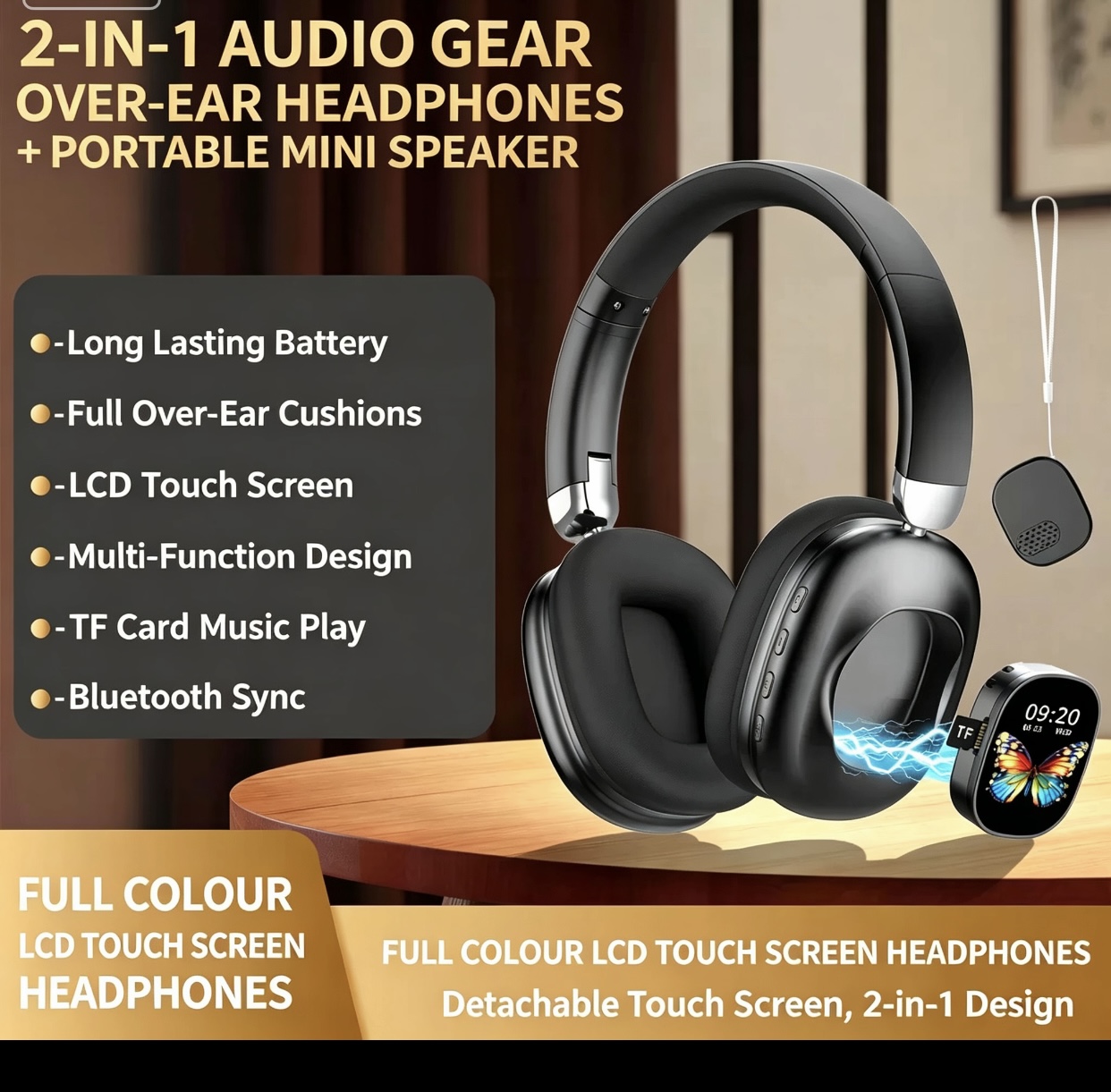 2-in-1 Wireless Over-Ear Headphones  Detachable LCD Touch Screen Mini Portable Speaker  Long Battery Life Bluetooth Headset with TF Card Playback & Ly