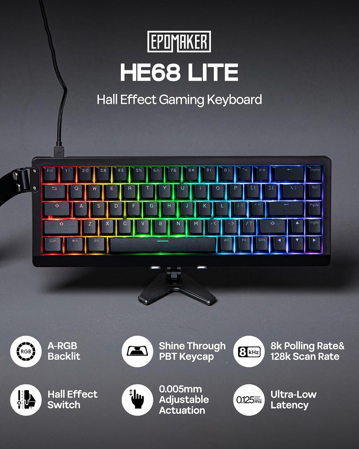 EPOMAKER HE68 Lite Hall Effect Gaming Keyboard, 0.125ms Latency, 5-Layer Sound-Dampened, Snap Key, SOCD, A-RGB, Wired, Mac Software (Black)