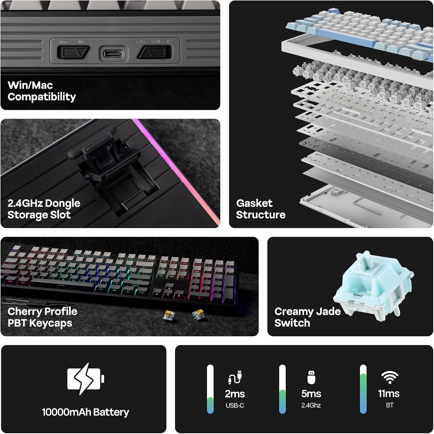 EPOMAKER TH108 Full Size Mechanical Keyboard, Wireless Gaming Keyboard, 108 Keys, Hot Swap, Custom Driver, RGB Backlight (Black, Creamy Jade)