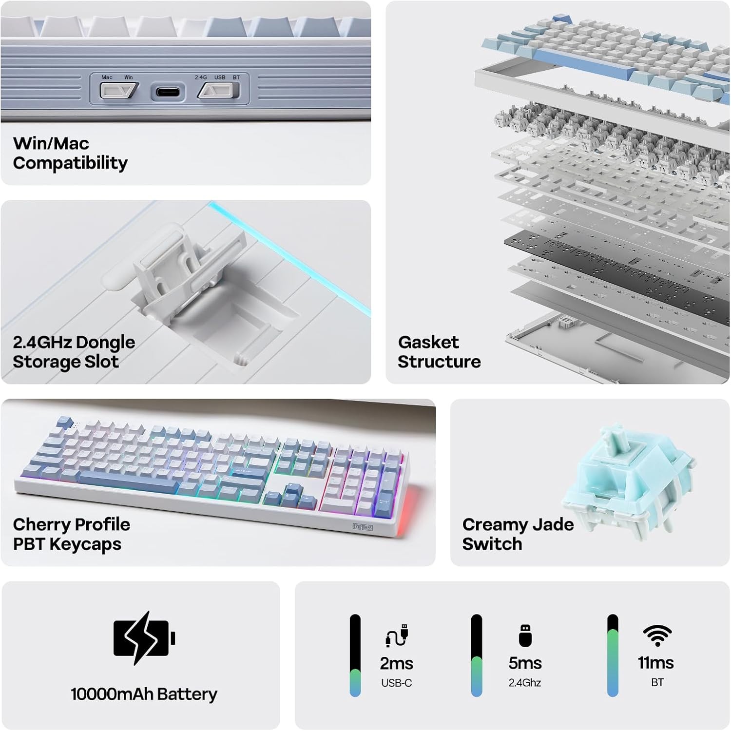 EPOMAKER TH108 Full Size Mechanical Keyboard, Wireless Gaming Keyboard, 108 Keys, Hot Swap, Custom Driver, RGB(Blue White, Creamy Jade)