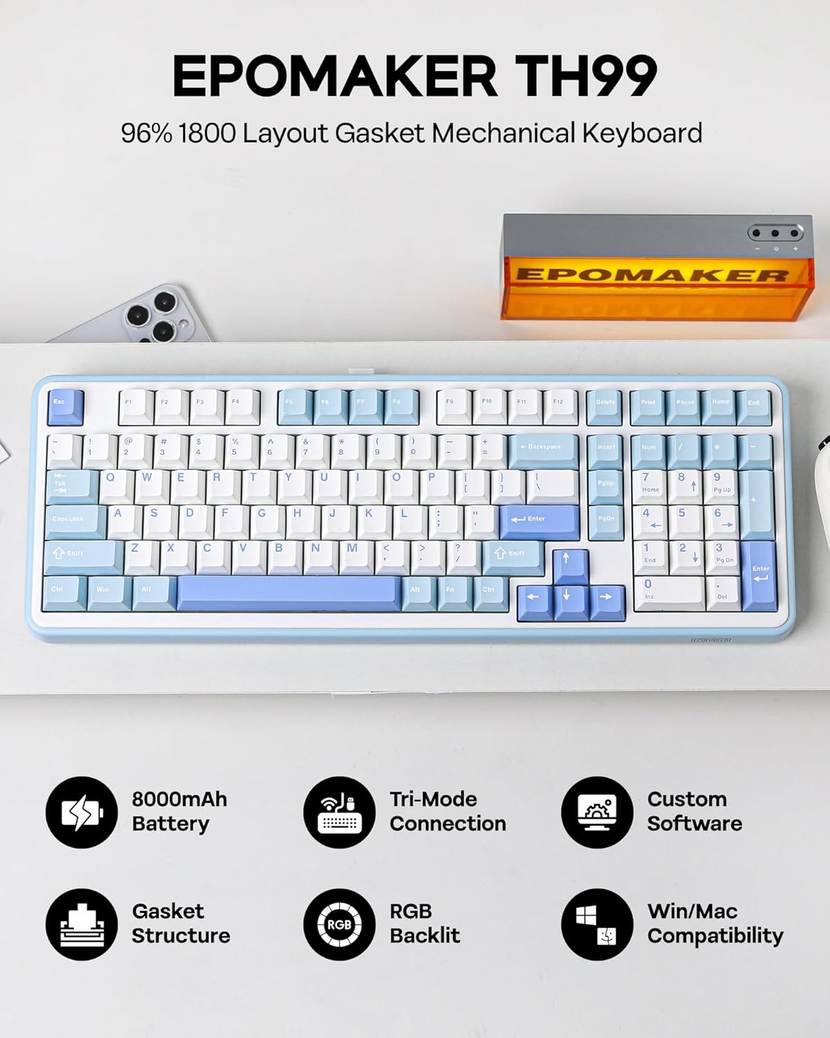 EPOMAKER TH99 Tri-Mode Wireless Mechanical Keyboard, Hot Swappable Custom Keyboard, for PC/Mac/Office/Gaming (White Blue, Creamy Jade)