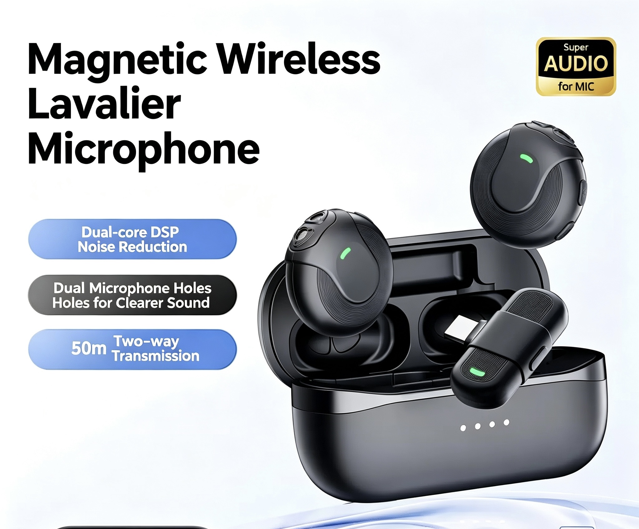 Wireless Lavalier Lapel Microphone  100M Long Range Bidirectional Monitoring Mic with Voice Changer  Dual DSP Noise Cancelling Clip-on Recording Micro