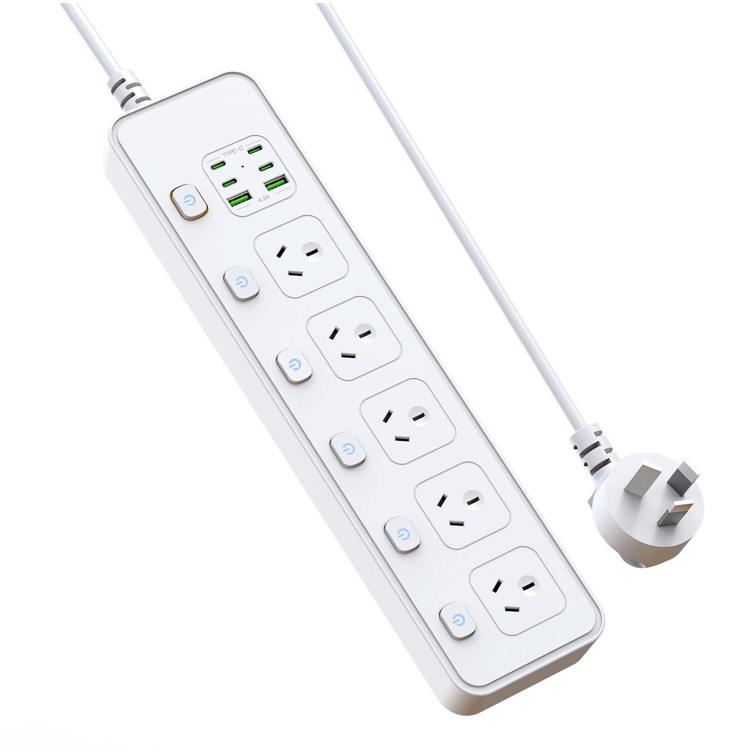 2M Individual Switched Surge Protected Power Board | 5 AC +2 USB-A+4 USB-C Wall Mount Power Strip, White Home Office Dorm Use | VELORICA
