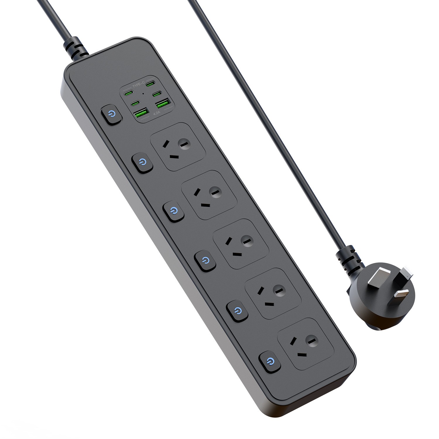 2M Individual Switched Surge Protected Power Board | 5 AC +2 USB-A+4 USB-C Wall Mount Power Strip, White Home Office Dorm Use-Black | VELORICA