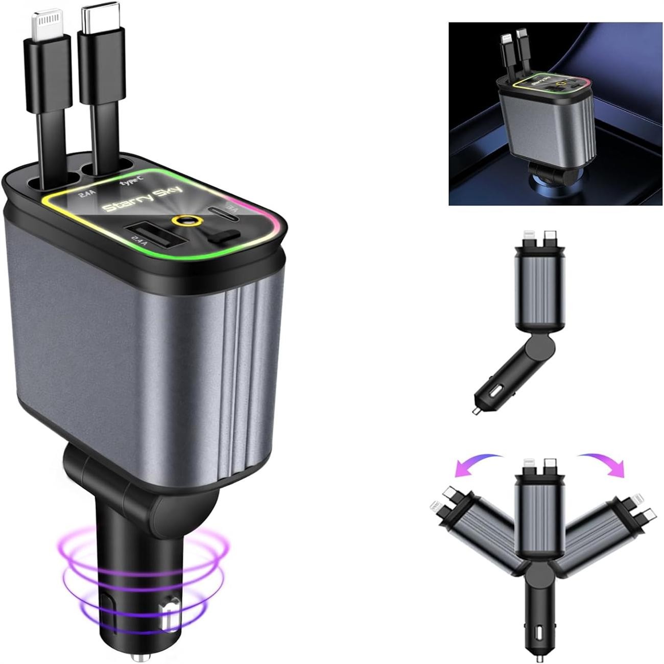 120W Retractable Car Charger 4 in 1 USB C PD Fast Cigarette Lighter Charger Adapter for iPhone Samsung Android Car Accessories