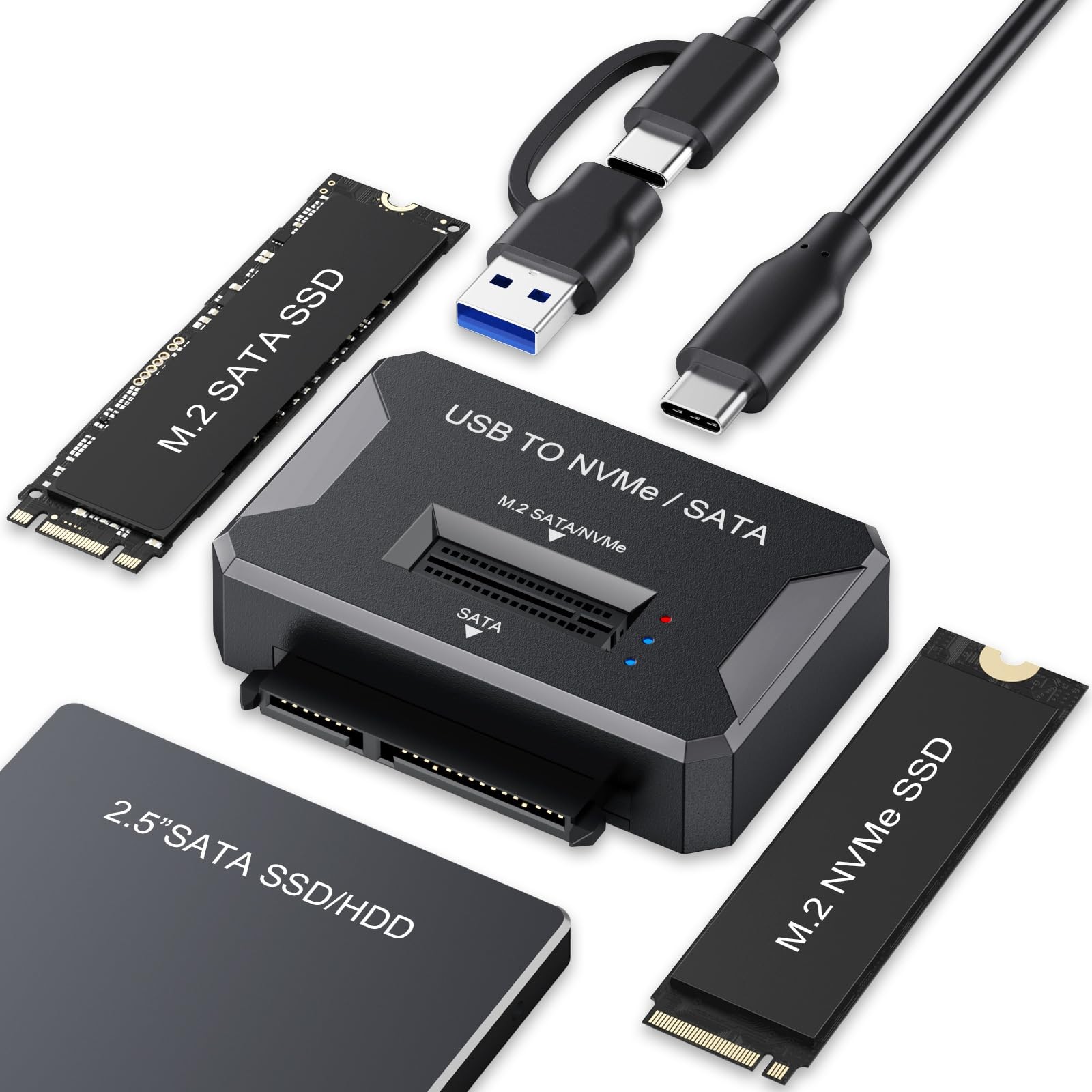 USB 3.2 Gen2 10Gbps M.2 SSD Enclosure, Dual Protocol NVMe & SATA Adapter Fits 2230/2242/2260/2280/22110 M.2 Drives & 2.5 Inch SATA HDD SSD