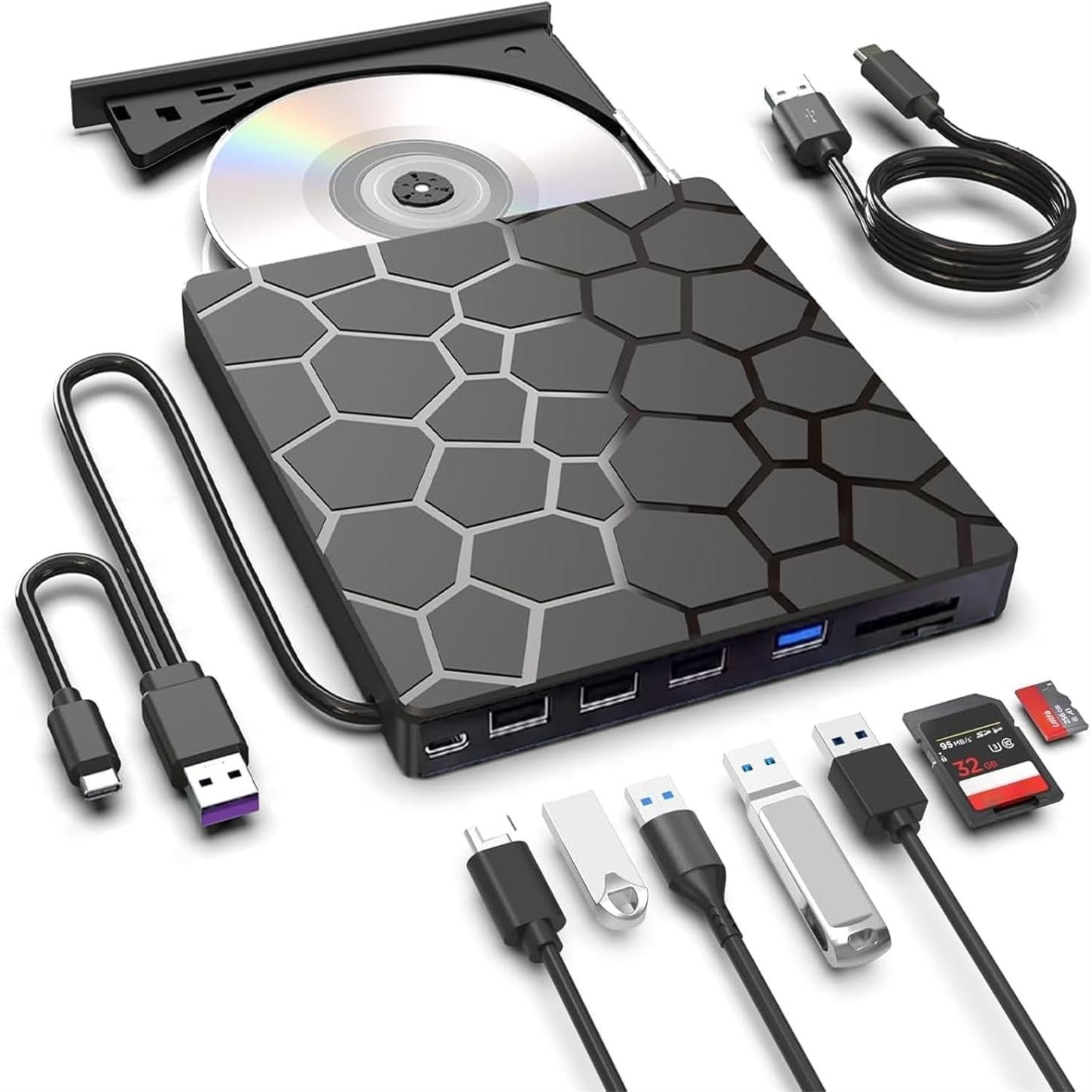 8 in 1 USB 3.0 & USB-C External CD DVD Drive, Portable Disc Reader Writer Burner for Laptop, Desktop, MacBook, Windows & Linux System