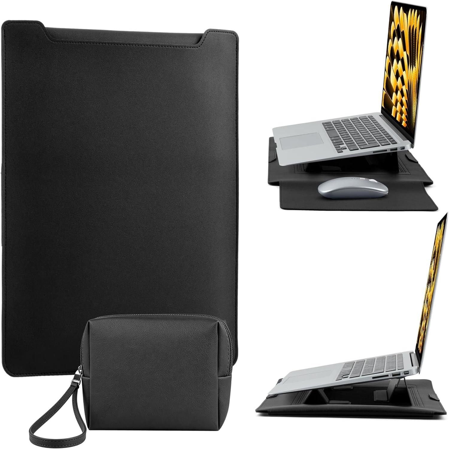 13-14 Inch Waterproof PU Leather Laptop Sleeve with Stand, Protective Case for MacBook Air/Pro, iPad, HP Dell Surface Laptops, Black