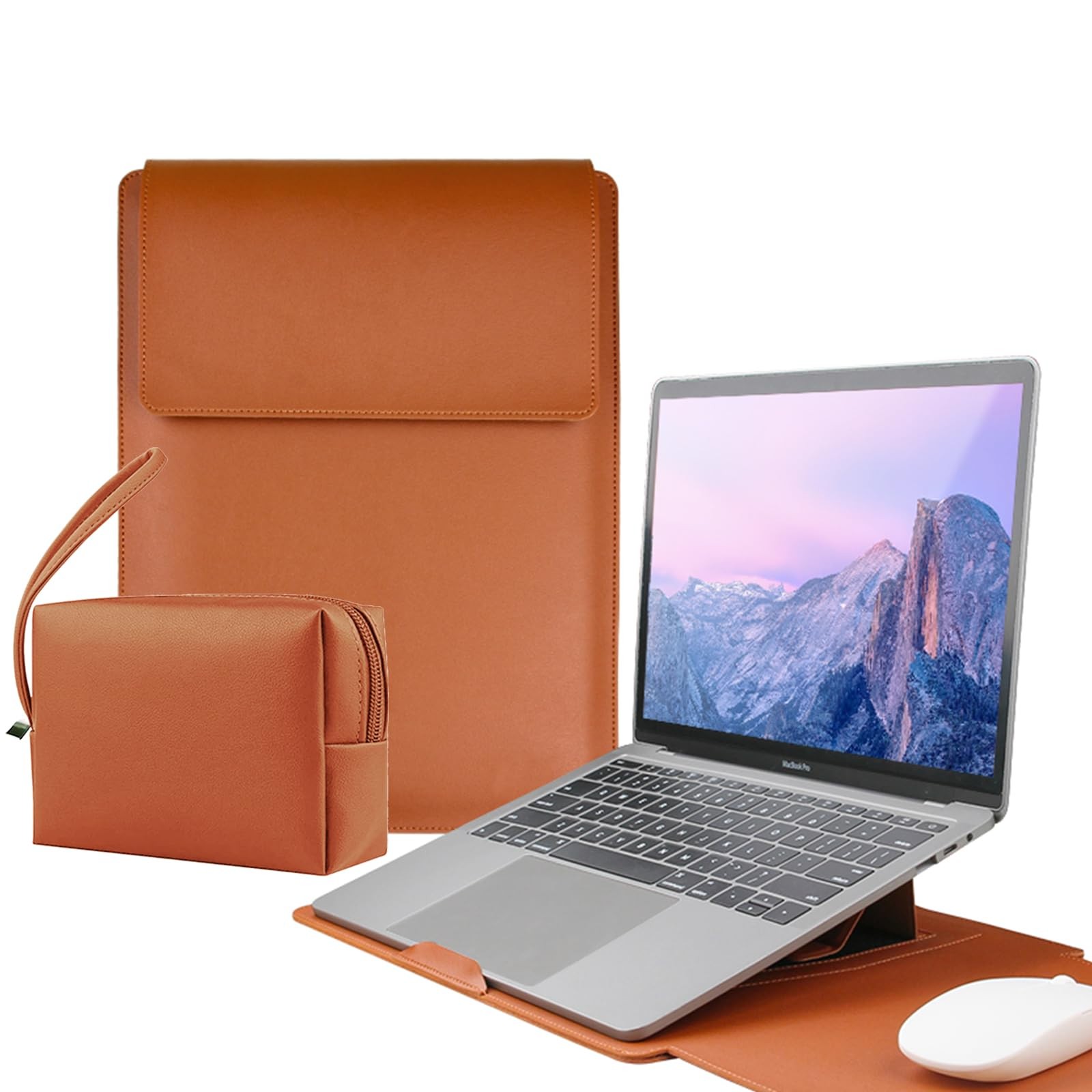 15-16 Inch Waterproof PU Leather Laptop Sleeve with Stand, Protective Case for MacBook Air/Pro, iPad, HP Dell Surface Laptops, Brown
