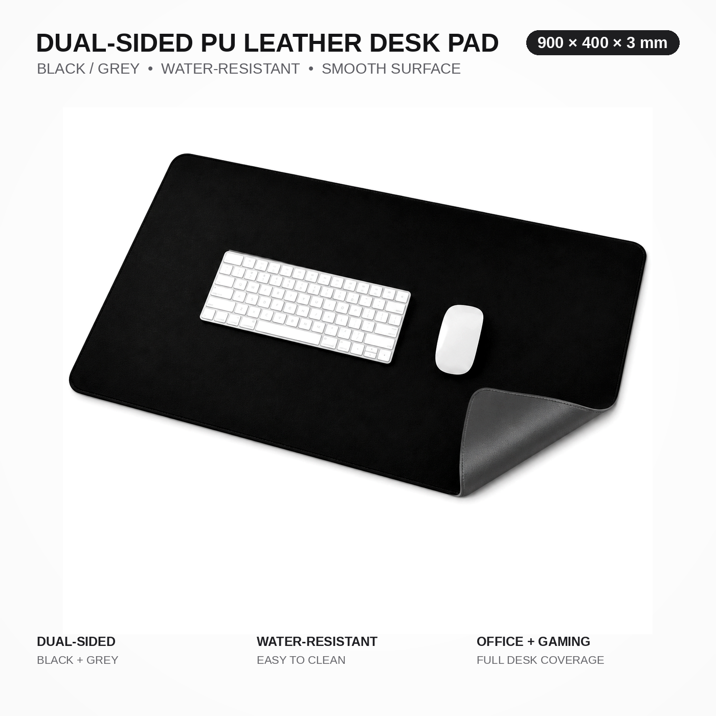 Dual-Sided PU Leather Desk Pad, Waterproof Large Mouse Pad for Keyboard and Mouse, Office Desk Mat 900x400x3mm, Black & Grey