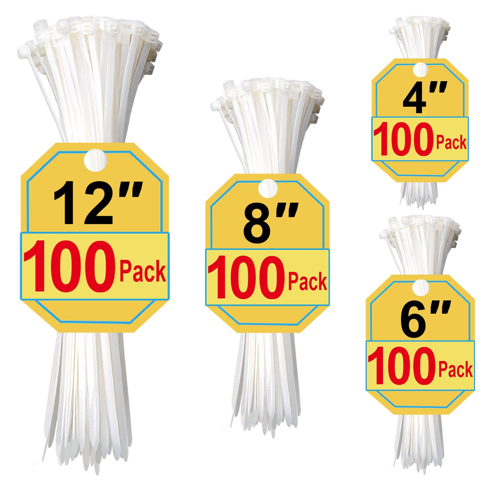 White Zip Ties Assorted Sizes 4+6+8+12 Inch, 400 Pack, Clear Zip Ties, White Cable Ties, Zipties Clear, UV Resistant Wire Ties, Plastic Ties, Tie Wrap