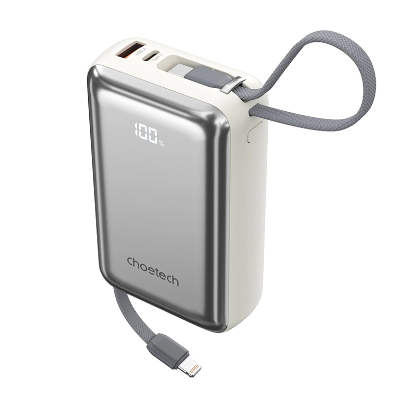 Choetech PowerLeap 45W 20000mAh Power Bank with USB-C and Lightning Cables - Silver White (CTB836SL)