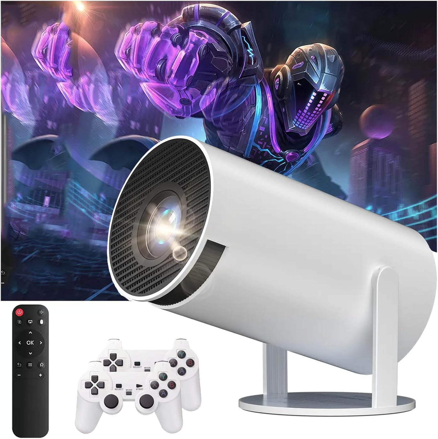 Smart Projector Game Console 2 in 1 with Dual Wireless Controllers Android 11 TV OS 4K HD Support WiFi 6 180 Degree Rotatable Portable Home Cinema