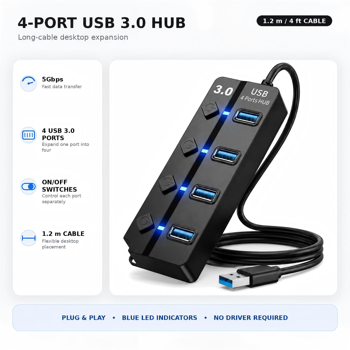 USB Hub 3.0, 4-Port High-Speed Splitter 1.2m, USB Expansion Hub for Laptop/Desktop/PC, Black