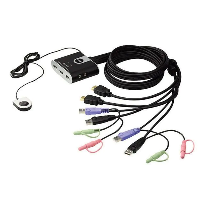Aten Petite 2 Port USB HDMI KVM Switch with Audio and remote button - Cables Built In