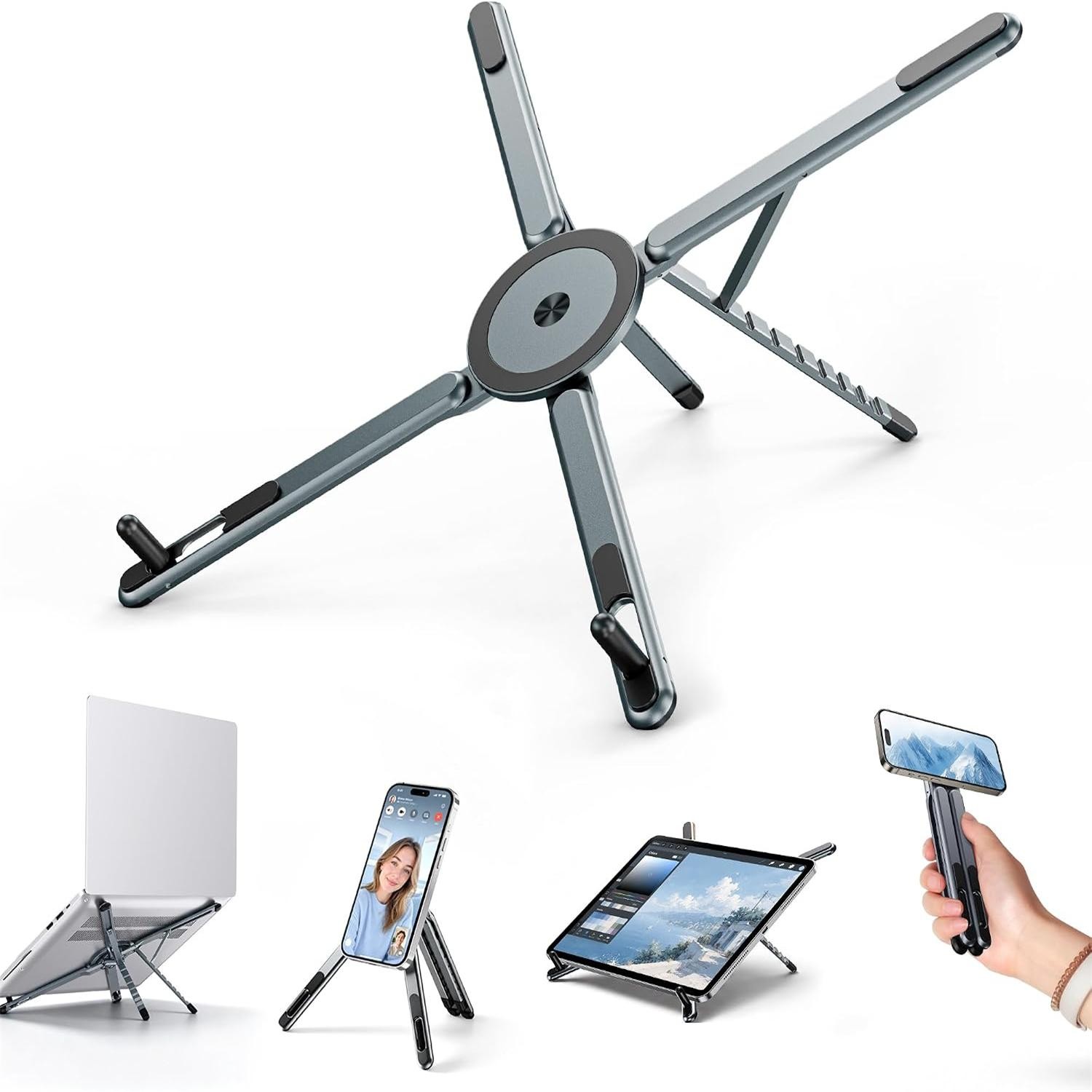 3-in-1 Portable Laptop Stand with Magnetic Phone Holder, Grey | Augearix