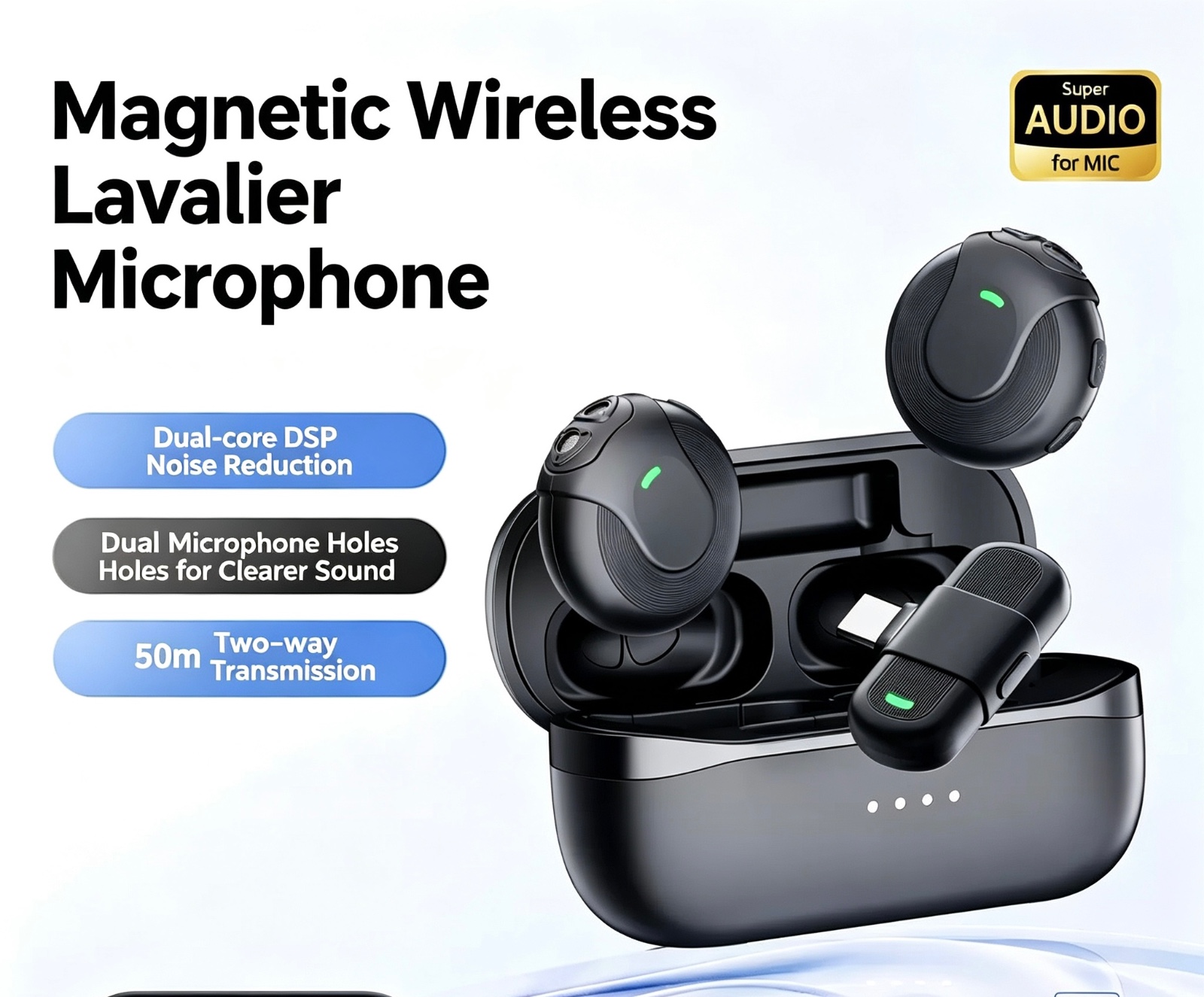 Wireless Lavalier Lapel Microphone  100M Long Range Bidirectional Monitoring Mic with Voice Changer  Dual DSP Noise Cancelling Clip-on Recording Micro