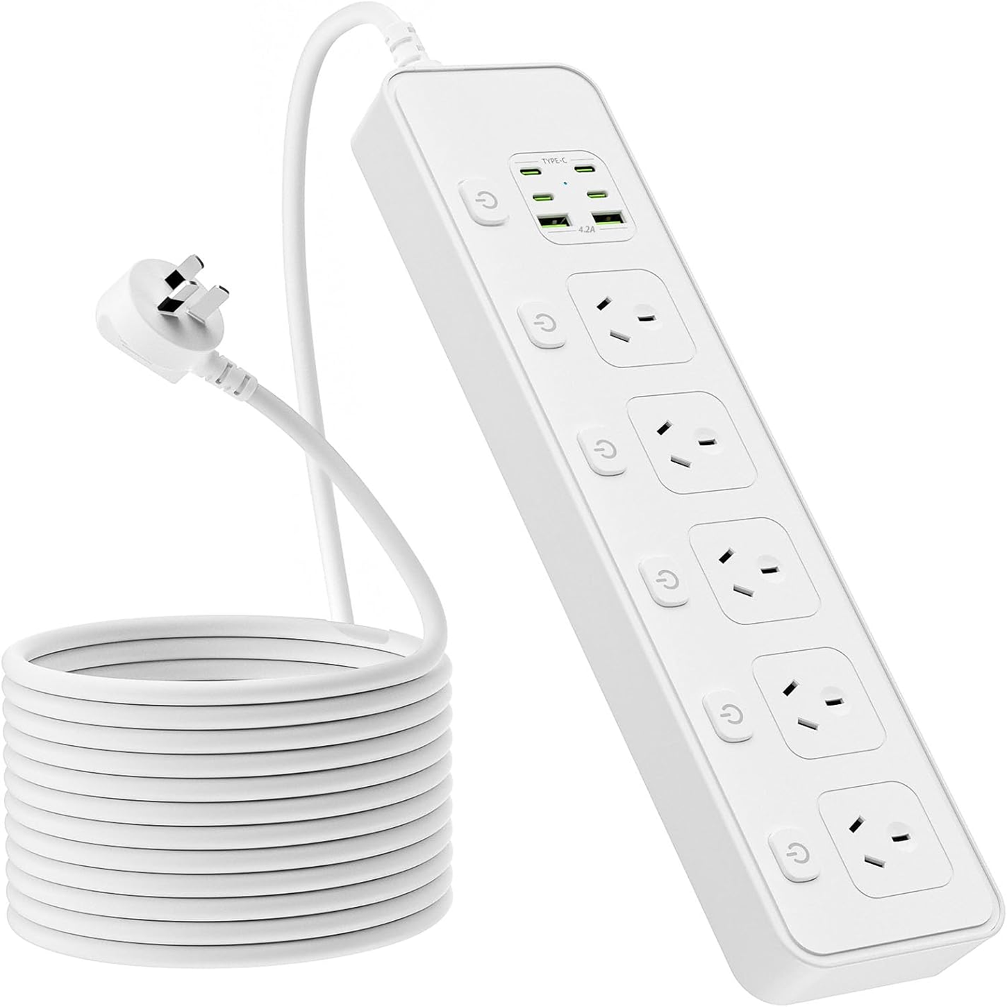 2M Individual Switched Surge Protected Power Board | 5 AC +2 USB-A+4 USB-C Wall Mount Power Strip, White Home Office Dorm Use | VELORICA