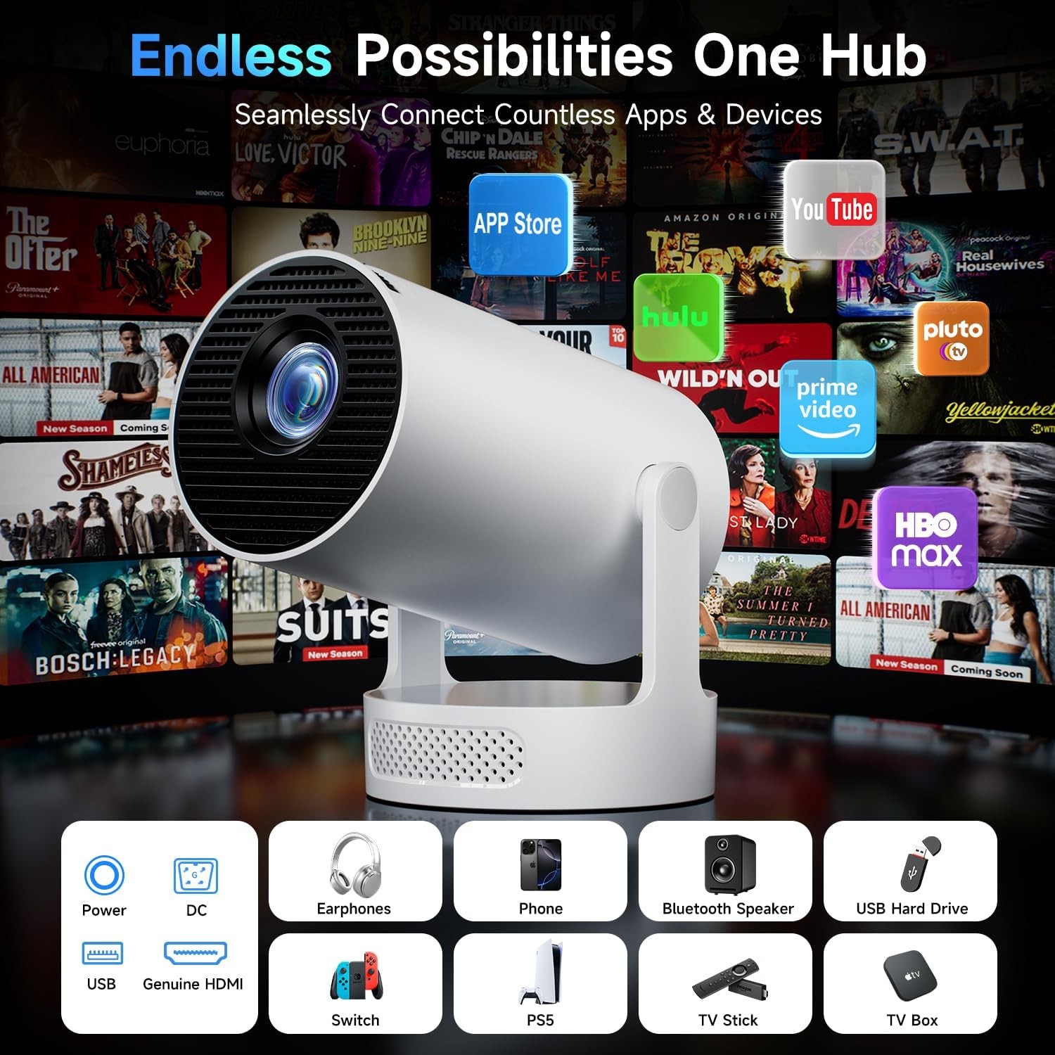 Portable Projector with Built-in Android 13 & WiFi 6, Auto Keystone, 270° Rotatable Stand, 1080P 4K Supported Home Movie Theatre Projector | VELORICA