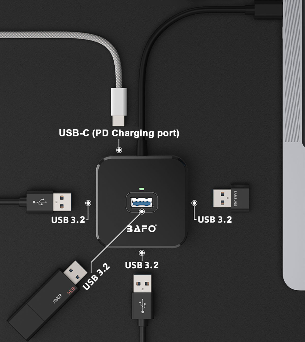 USB Hub 5-in-1 Splitter PC Adapter with 4 Ports and USB C Adapter, Data Hub Adapter USB 3.2 Gen1, 5 Gbps, USB Splitter