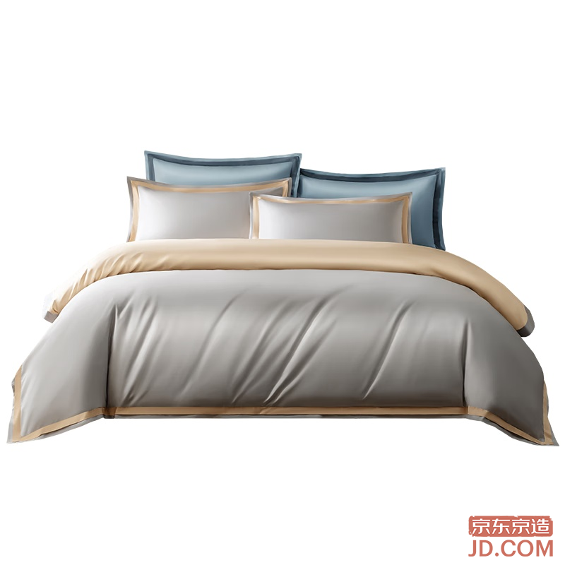 JD 100s Long Staple Cotton 4pc Bedding Set, Plant Soft, Luxurious Satin, Antibacterial, 1.8m Bed, Silver Gray/Champagne