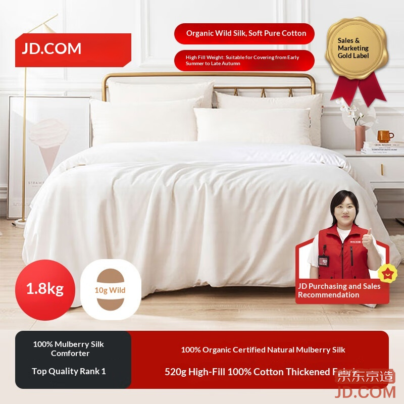 JD 100% Natural Silk Quilt, Cotton Fabric Mid-Long Silk Filled Duvet Core 2.2x2.4m Approx 3.6 lbs