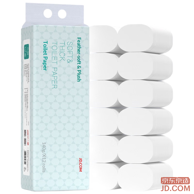 JD Feather Soft Thick Coreless Toilet Rolls [5 Layers Thick] 140g*12 Rolls Pack Tissue Paper