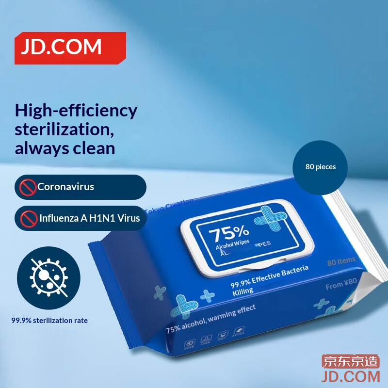 JD 75% Alcohol Wipes 80pcs Antibacterial Wipes Wet Tissue Hygienic Disinfectant Wipes