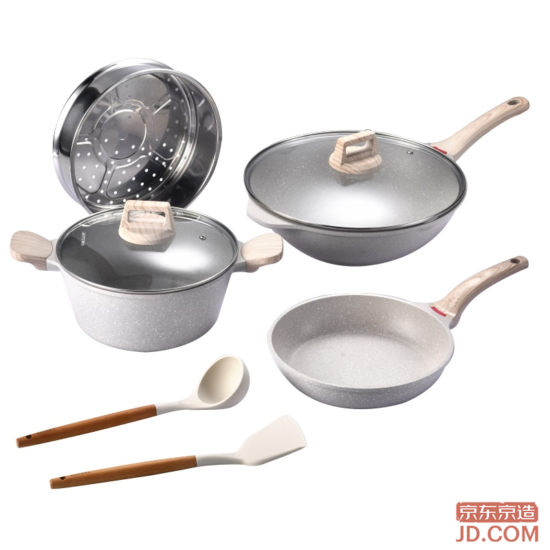 JD Nonstick Stone Color Cookware Set: Frying Pan, Saucepan, Steamer, Shovel, Spoon, Universal for Induction