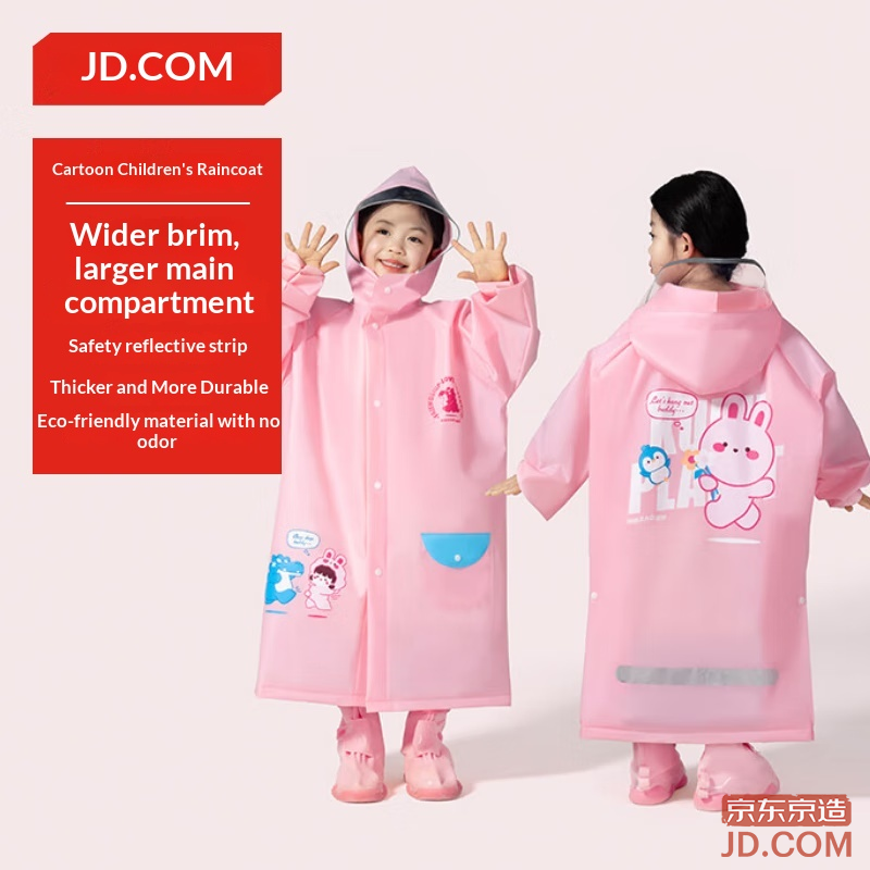 JD Children's Raincoat with Large Backpack Space, Boys & Girls Full-Length Student Poncho, Pink 3XL
