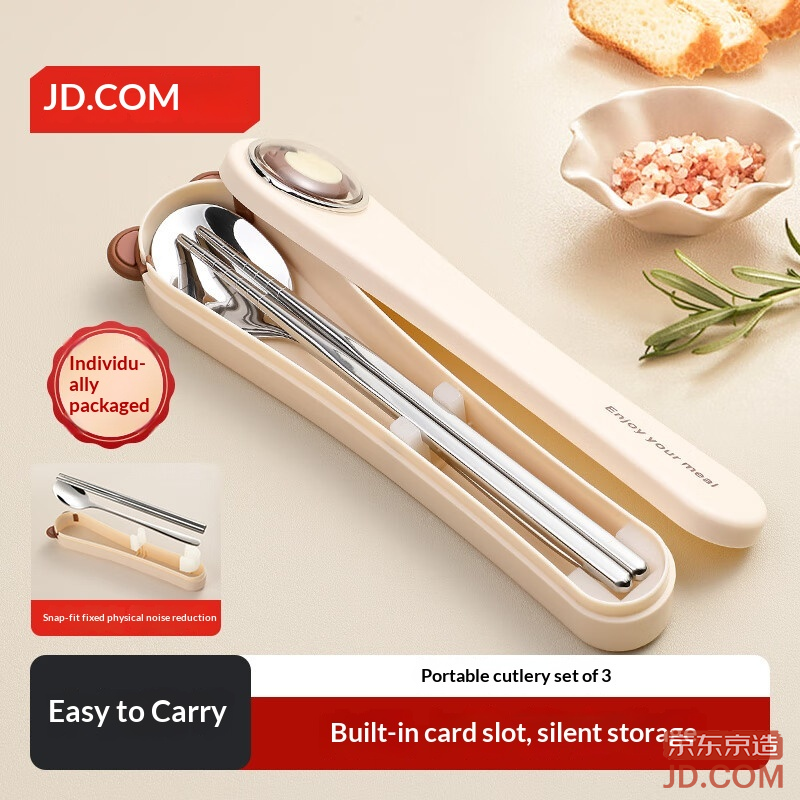 JD Cute Capsule Portable Tableware 304 Stainless Steel Spoon Chopsticks Set for Students with Creamy Style