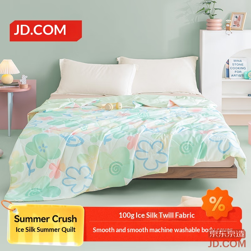 JD Summer Crush Cool Quilt A-Class Ice Silk Air Conditioner Blanket, Machine Washable 150x200cm Floral Pink